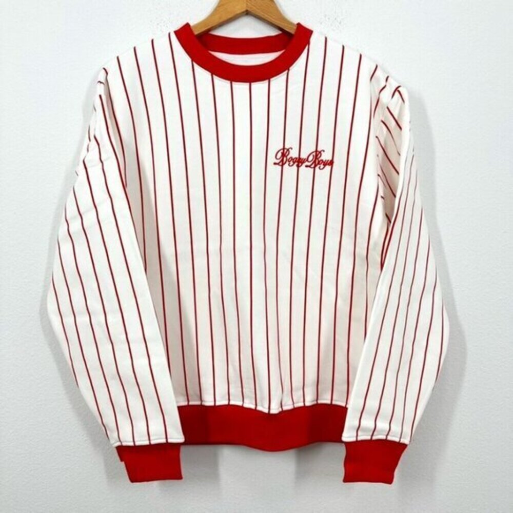 Bogey Boys White Red Pinstripe Crewneck Pullover Sweatshirt Men's Size Medium‎